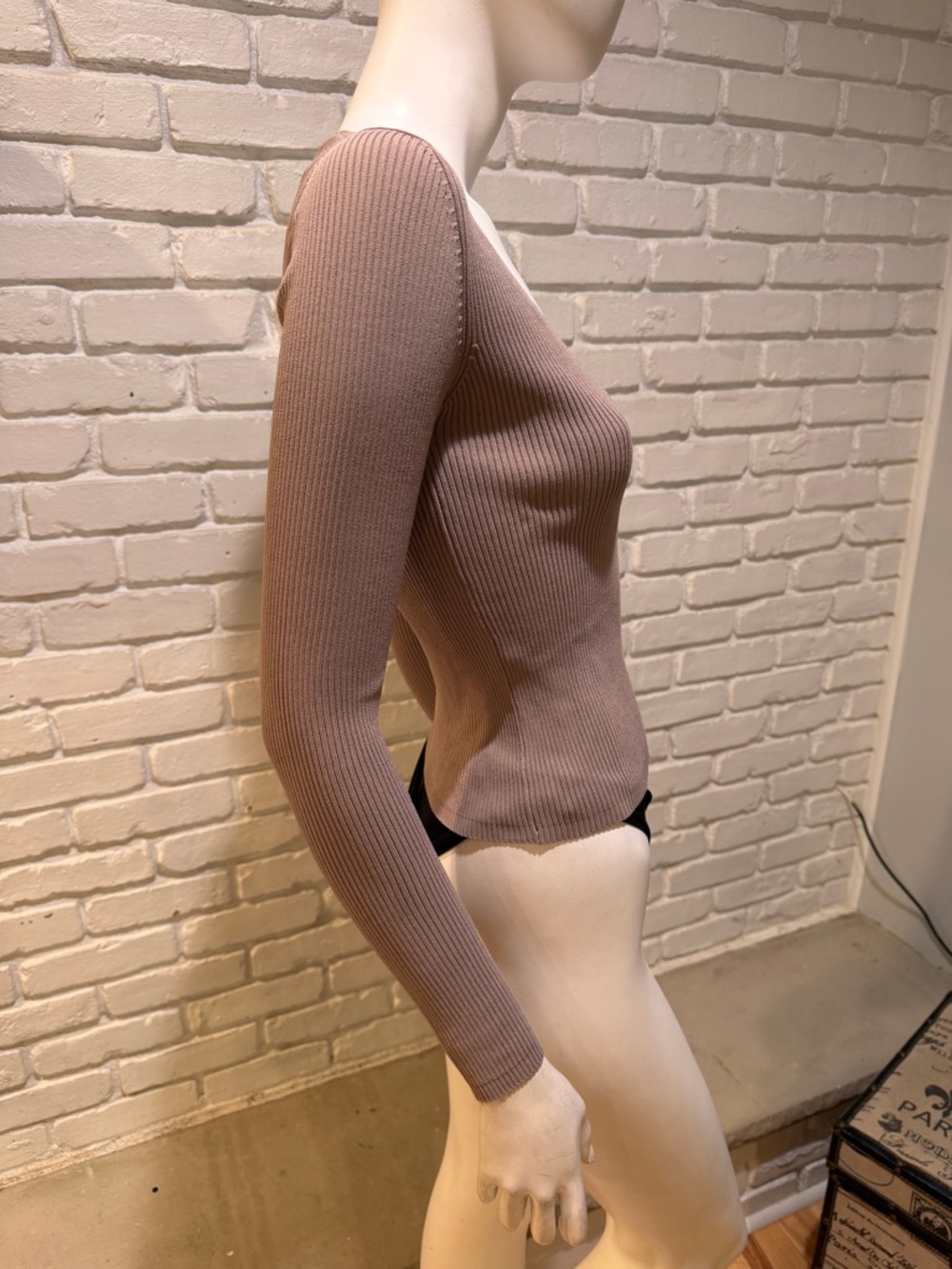 ZARA Mushroom Taupe Ribbed V-Neck Sweater Deep V Fitted Stretchy Small NWT - Picture 6 of 11